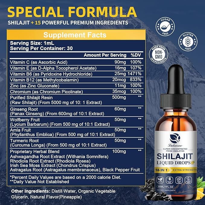 (2 Pack) 16 in 1 Shilajit Resin Liquid Drop, Shilajit W/Ginseng, Turmeric, Rhodiola, Wolfberry, Amla & Vitamins, Shilajit Supplement for Men & Women with 85+ Trace Minerals & Fulvic Acid, 1 Fl Oz
