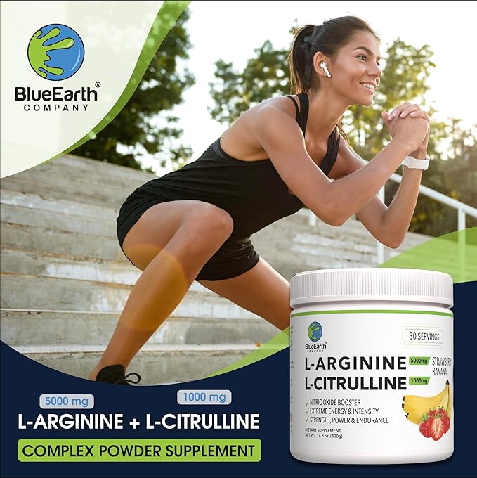 L-Arginine 5000mg + L-Citrulline Complex Powder Supplement Drink Mix - Nitric Oxide Booster for Heart Health, Blood Flow & Energy - 30 Servings (Strawberry Banana)