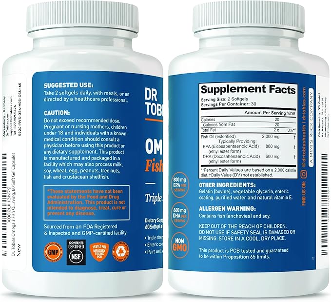 Dr. Tobias Omega 3 Fish Oil, 2000mg Triple Strength Omega 3 Supplement with 800mg EPA 600mg DHA Per Serving, Fish Oil Omega 3 Supplements for Heart, Brain & Immune Support, 60 Softgels, 30 Servings