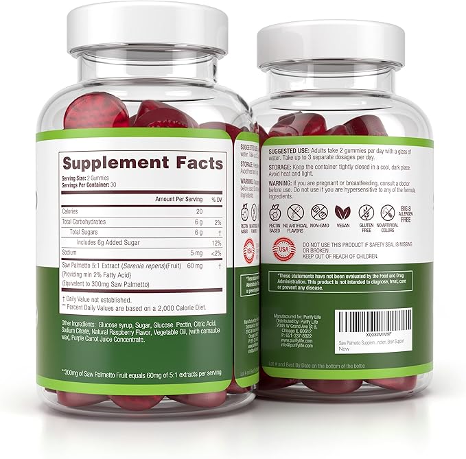 Vegan Saw Palmetto for Women & Men - Potent Saw Palmetto Extract, Prostate Supplements for Men, DHT Blocker for Womens Hair Growth, Hormonal Balance Gummies, PCOS Hair Loss, DHT Blocker, Gluten-Free