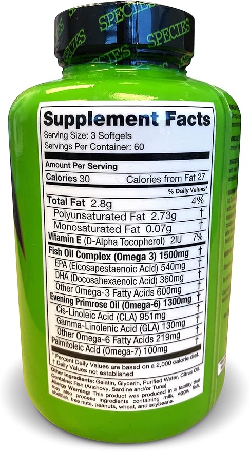 Species Nutrition Omegalyze Support Supplements, Essential Fatty Acid Formula, Supplement to Help Maximize Recovery, Omega 3,6 and 7 Formula,180 Capsules