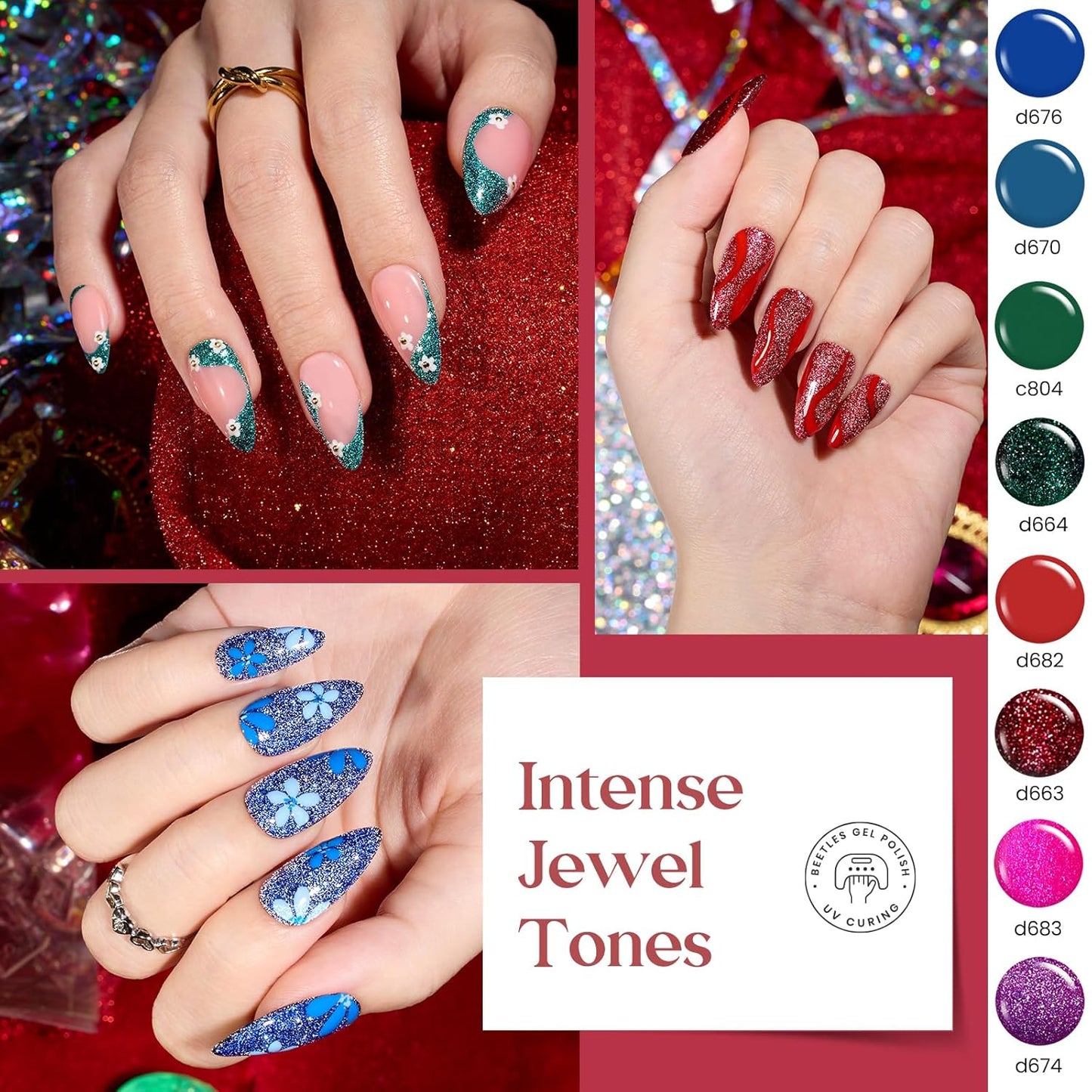 Beetles Gel Polish Liner Nail Art Set, 50 Colors Spring Summer Reflective Glitter Pink Red Blue Green Silver Gel Polish Soak Off UV Built Thin Brush in Bottle Nail Design Polish Rainbow Nails