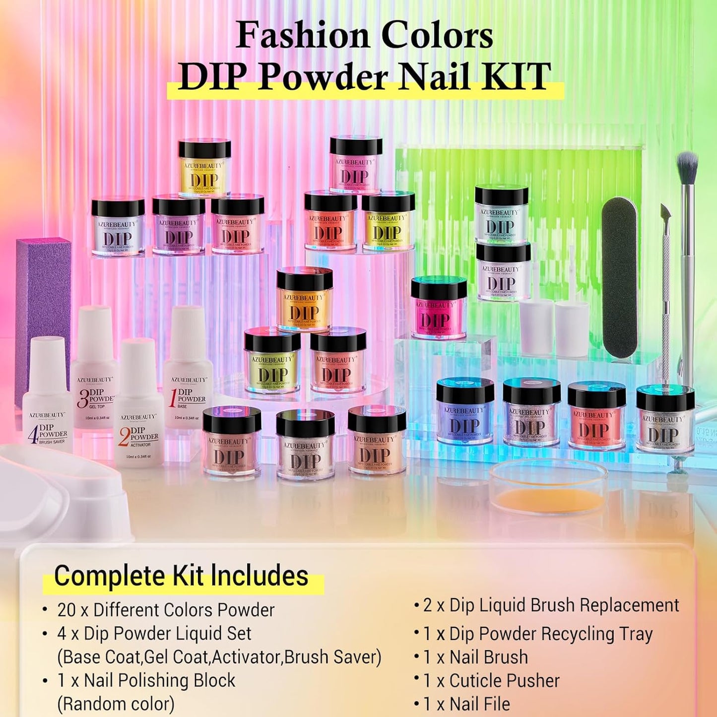 AZUREBEAUTY 31 Pcs Dip Powder Nail Kit Starter, 20 Colors Neon Glitter Purple Blue Yellow Dipping Powder Liquid Set with Top/Base Coat Activator for French Nail Art Manicure DIY Salon Gifts for Women