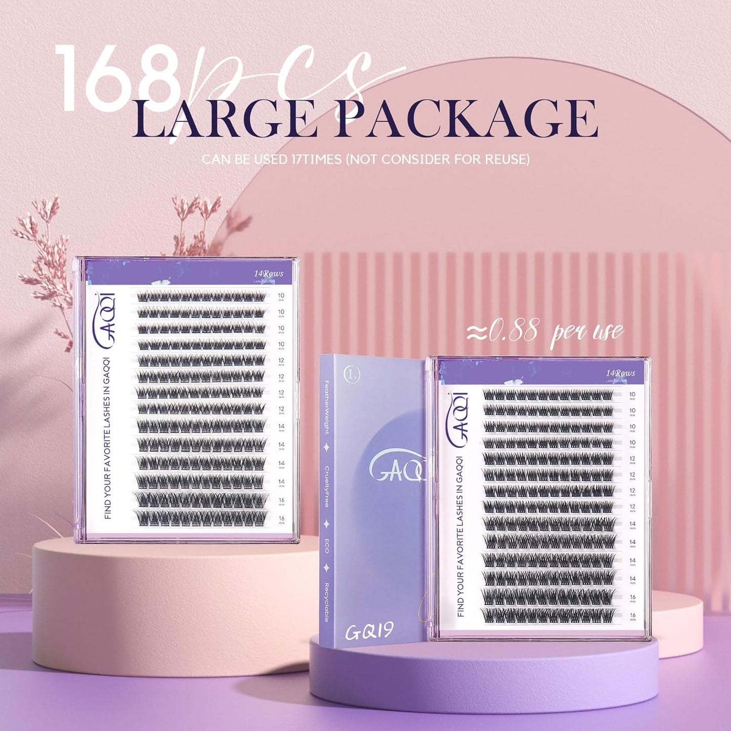 GAQQI Lash Clusters, GQ19 Individual Lashes 168pcs C Curl, DIY Lash Extension 12mm Length Only False Eyelash Clusters, Natural & Wispy Lash Wisps (GQ19,C Curl,12mm)