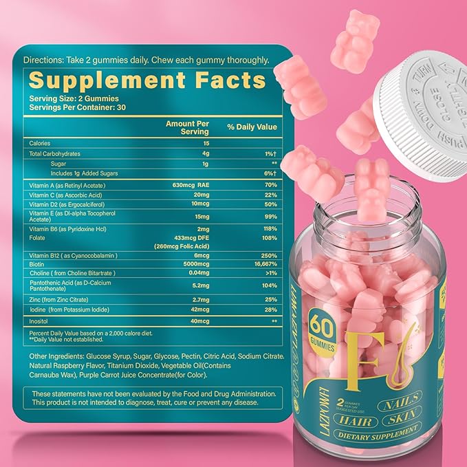 Biotin Gummies -Hair Skin and Nails Vitamins for Men & Women, Vegan Vitamin B7, Supports Hair Growth and Stronger Nails,90 Day Supply-Raspberry-3 Pack