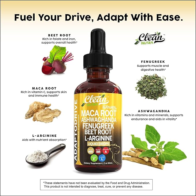 Organic Maca Root Liquid Drops with Ashwagandha, Fenugreek, Beet Root and L-Arginine Liquid Multivitamin for Women and Men - Adapto Drive by Clean Nutra
