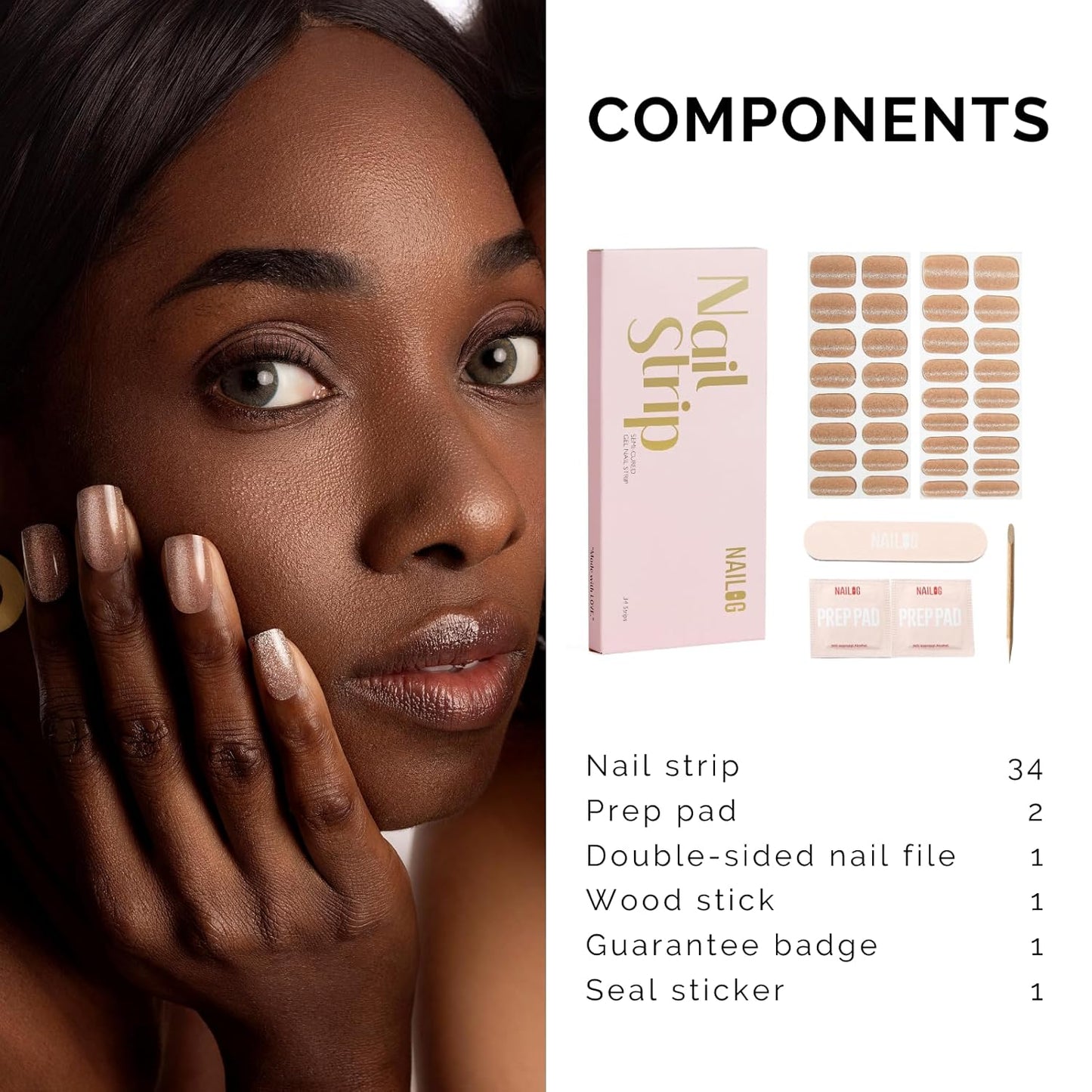 NAILOG Semi Cured Gel Nail Strips - 34 pcs | Buy 2 Get 1 UV Lamp | Long Lasting Nail Polish Sticker Wraps with Glossy Gel Finish, Nude Gleam