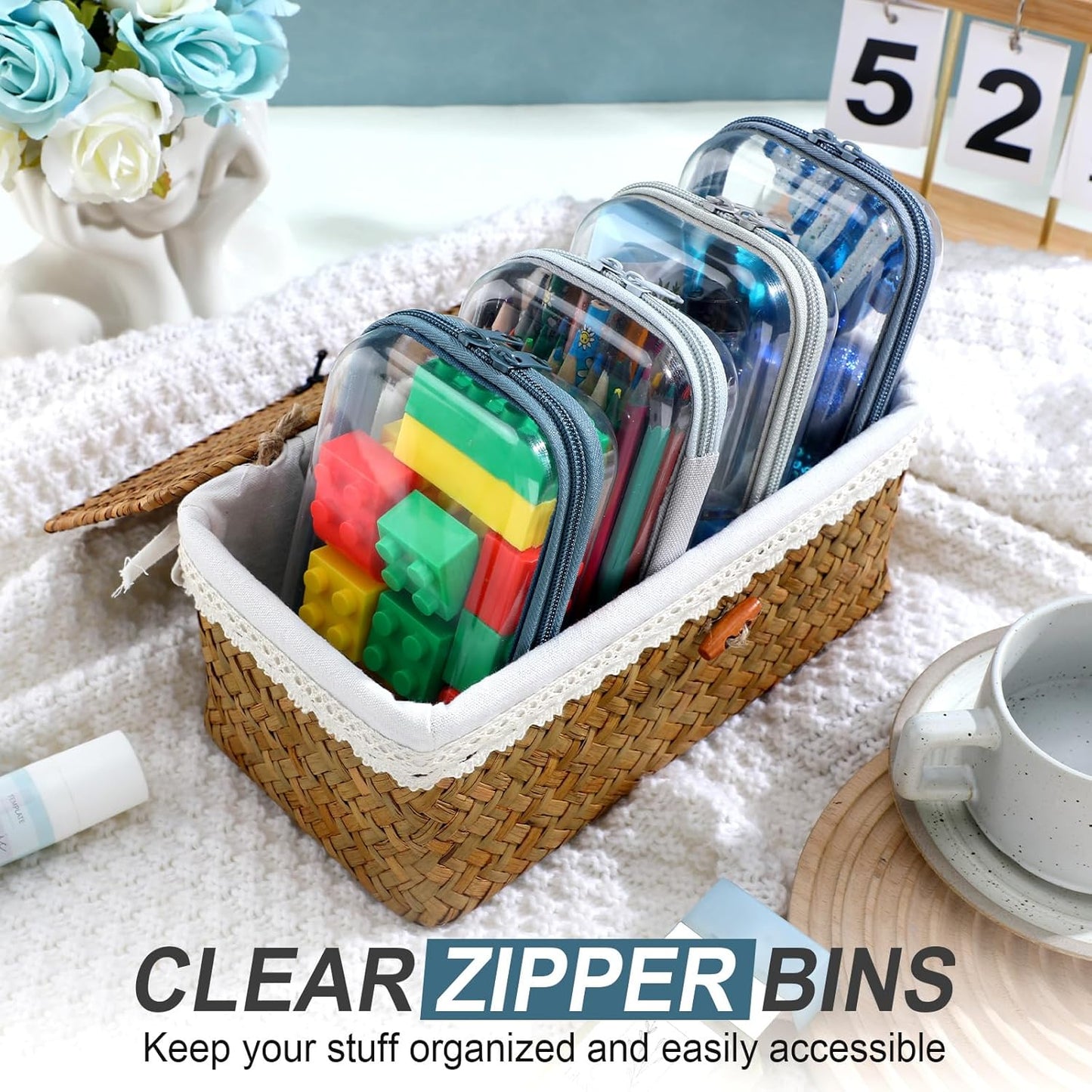 Hoolerry 4 Pcs Hard Clear Zipper Case Makeup Bags Plastic Pencil Pouch Transparent Storage Box Containers for Cosmetics, Snacks, Building Blocks, Puzzles(Morandi,7.5 x 3.9 x 2 in)