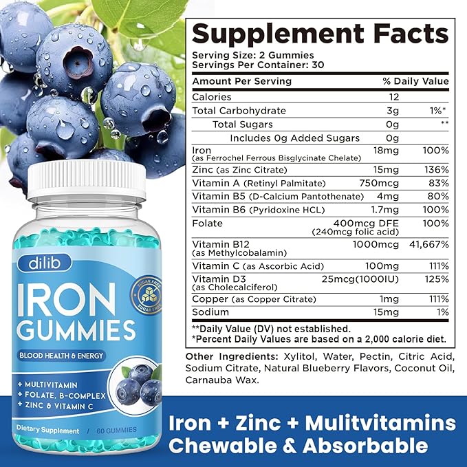 Iron Gummies with Multivitamin, Iron Supplement for Women & Men with Zinc, Vitamin B Complex & C, B12, Folate - Blood Builder & Energy Support for Adults & Kids - Blueberry Flavor, Vegan 60 Gummies