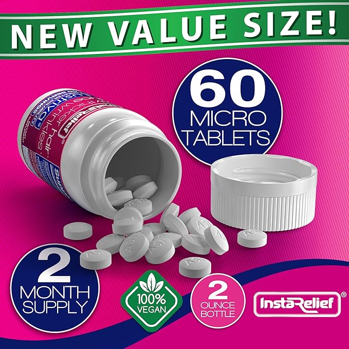 InstaRelief® Hair Growth with Lustriva® - Clinically Shown to Grow Thicker, Healthier Hair in 3 Weeks, Reduce Wrinkles and Fine Lines, with Biotin, Silicon, and Arginine, 60 Tablets