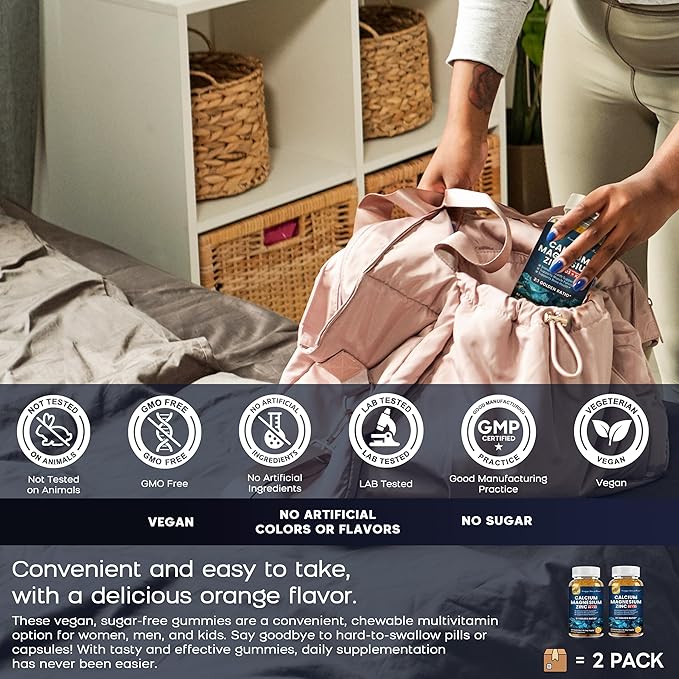 (2 Pack) Calcium Magnesium Zinc Gummies with Vitamin D3, K2, B12 & B6 for Adults, Sugar Free Magnesium Glycinate with Potassium Sea Moss Supplement, Calcium Citrate for Bone Mood & Sleep Support