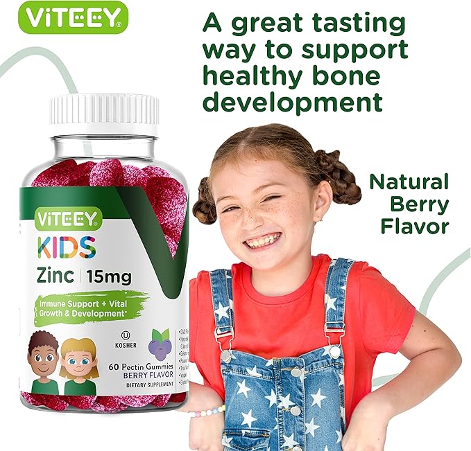 Zinc for Kids Gummies, 15mg - Immune Support for Kids & Teens - Powerful Natural Antioxidant, Kids Zinc Vitamin Supplement - Vegan, Gelatin Free, Gluten Free - Tasty Chewable Berry Flavor Gummy
