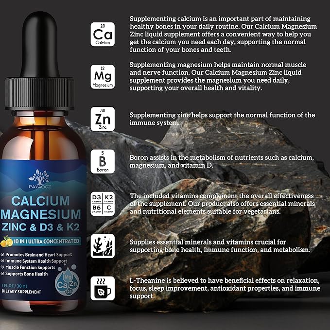(1 Pack) Magnesium Calcium Zinc Supplement with Vitamin D3 K2 for Women, Magnesium Glycinate Vegan Liquid Drops for Adult Plus L-Theanine Boron Sea Moss Extract, Bone, Sleep & Leg Cramps, 1 Fl Oz