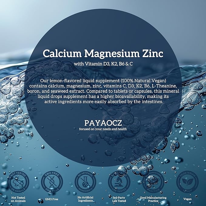 (1 Pack) Magnesium Calcium Zinc Supplement with Vitamin D3 K2 for Women, Magnesium Glycinate Vegan Liquid Drops for Adult Plus L-Theanine Boron Sea Moss Extract, Bone, Sleep & Leg Cramps, 1 Fl Oz