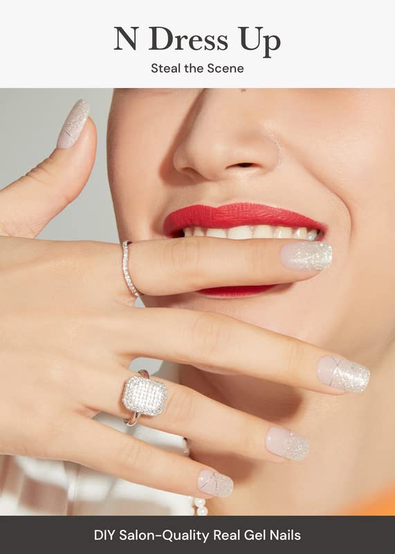 ohora Semi Cured Gel Nail Strips (N Dress Up) - White, Patterned, Works with Any UV/LED Lamps, Salon-Quality, Long Lasting, Easy to Apply & Remove - Includes 2 Prep Pads, Nail File & Wooden Stick