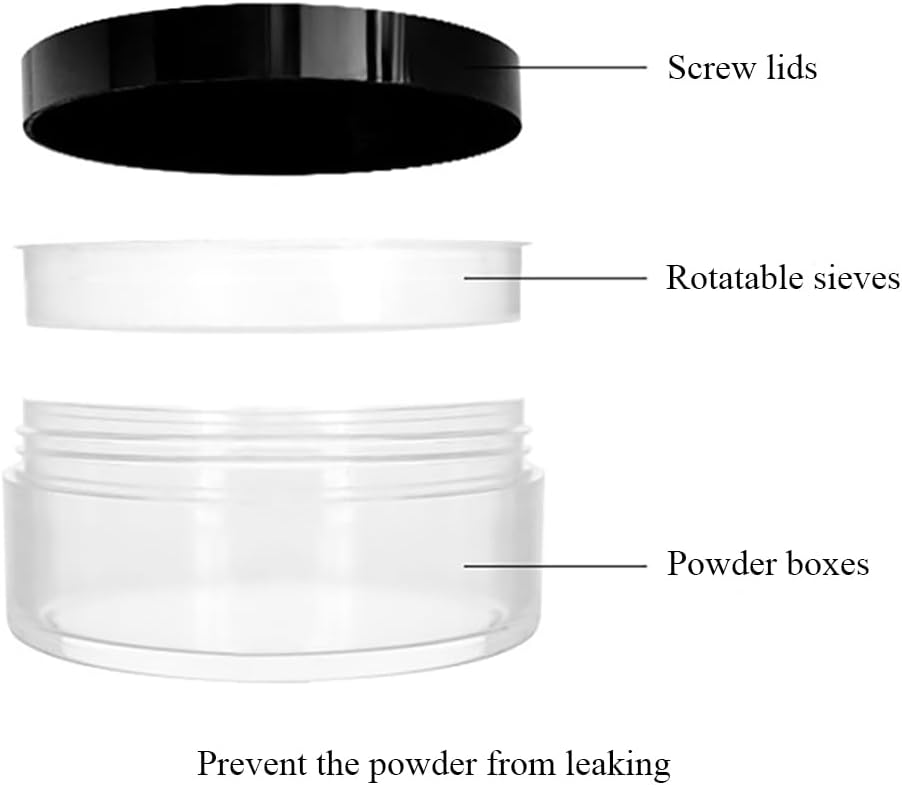 HAHIYO 2P 10ml/0.34oz Plastic Empty Travel Powder Container Small Loose Powders Compact Case Makeup Cosmetic Jar Refillable Powders Box No Leak Powder Holder with Rotatable Sifter and Black Screw Lid