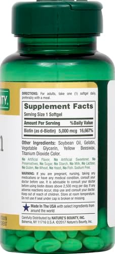 Nature’s Bounty Biotin Supplement, Supports Healthy Hair, Skin & Nails, 5000mcg, 72 Rapid Release Softgels