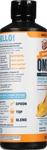 Barlean's Mango Peach Omega 3 Fish Oil Liquid Supplement with Vitamin D, 1080mg EPA & DHA Fatty Acid, Smoothie Flavored & Burpless for Brain, Joint, & Heart Health, 16 oz