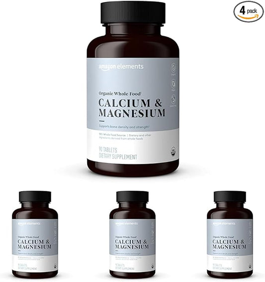 Amazon Elements Organic Whole Food Calcium & Magnesium, 90 Tablets (Pack of 4)