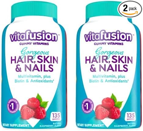 Vitafusion Gorgeous Hair, Skin & Nails Multivitamin Plus Biotin and Antioxidant Vitamins C&E, Raspberry Flavor, 135ct (45 Day Supply), from America’s Number One Gummy Vitamin Brand (Pack of 2)