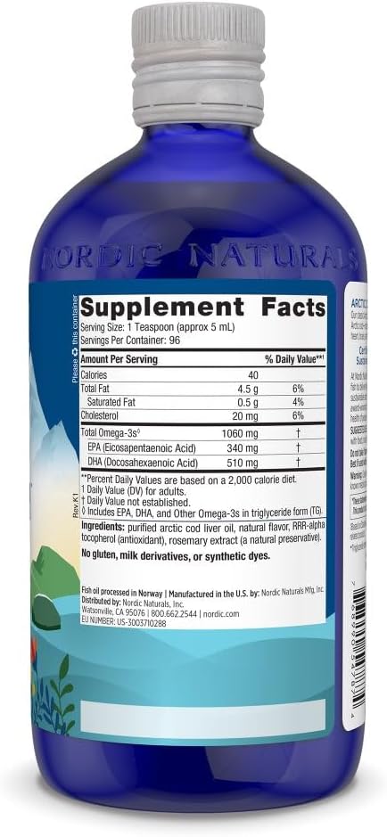 Nordic Naturals Arctic Cod Liver Oil, Orange - 16 oz - 1060 mg Total Omega-3s with EPA & DHA - Heart & Brain Health, Healthy Immunity, Overall Wellness - Non-GMO - 96 Servings