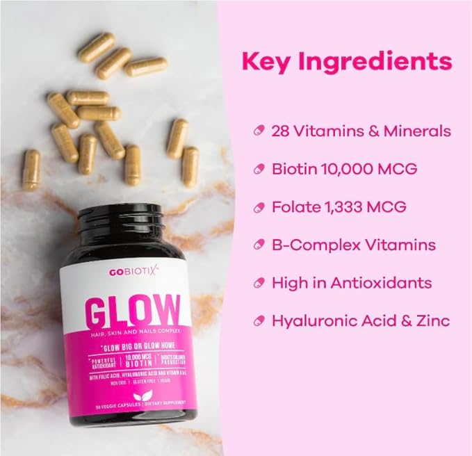 Glow Vitamins - Hair Skin and Nails Multivitamin Supplement - 10,000mcg Biotin Pills with Hyaluronic Acid, Folate, Iron, Magnesium, and Zinc - Boosts Collagen Production, Hair Growth, 180 Capsules