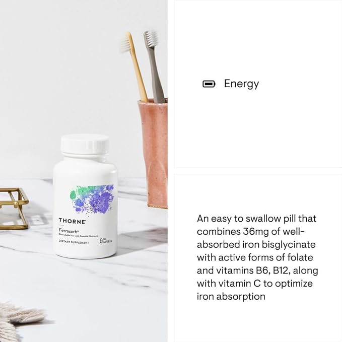 THORNE Ferrasorb - 36 mg Iron with Essential Nutrients - Complete Blood Support Formula - Elemental Iron, Folate, B and C Vitamins for Optimal Absorption - Gluten-Free - 60 Capsules