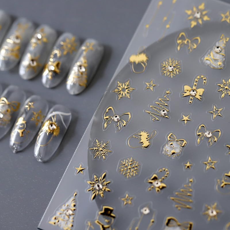 5D Embossed Christmas Nail Art Stickers Gold Snowflake Nail Stickers Self-Adhesive Snowman Xmas Tree Rhinestone Star Nail Decals for Women Girls Winter Holiday Manicure DIY Supplies