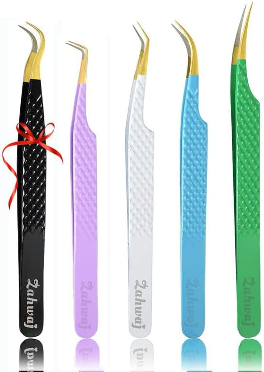 Lash Tweezers - Set of 5 Diamond Grip Eyelash Tweezers - Stainless Steel Professional Fiber Tip Lash Tweezer for Eyelash Extensions (Multicolor)