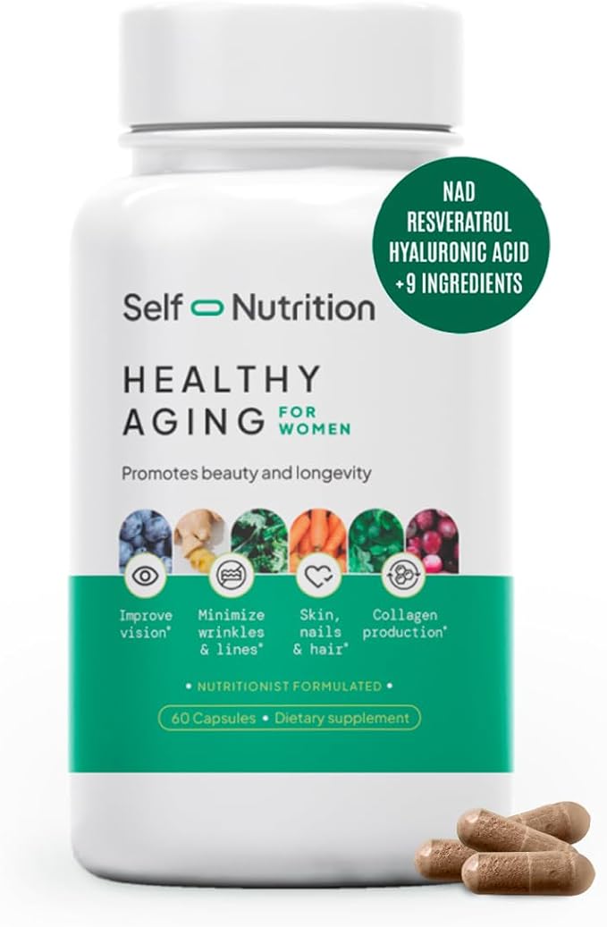 Healthy Aging Supplement for Women with Resveratrol, NAD, Collagen Booster, Biotin and More - Beauty with 12 Ingredients - USA Made, Vegan, 60 Capsules, Nutitionist formulated.