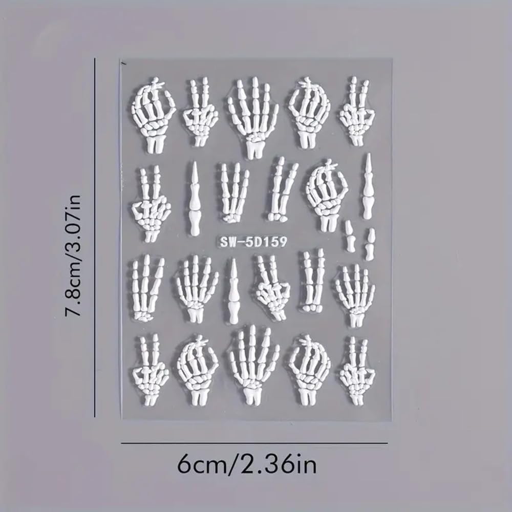 Halloween Nail Art Stickers Decals 3PCS Skeleton Nail Decals 5D Embossed Skull Nail Stickers White Hand Bones Finger Skeleton Halloween Nail Art Supplies Self-Adhesive Manicure Decorations