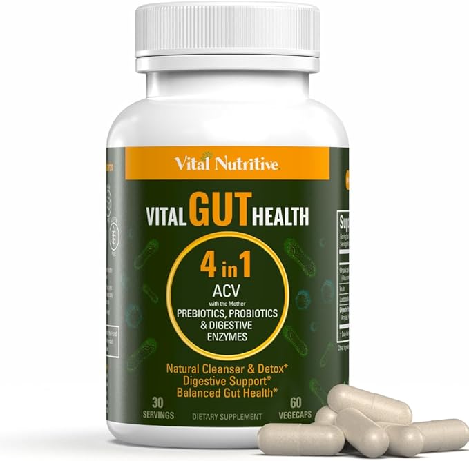 Vital Gut Health 4in1 Formula with Apple Cider Vinegar, Prebiotics & Probiotics, Digestive Enzymes for Strong Immunity Support and Complete Gut and Digestion Support