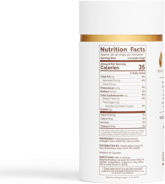 Premium Marine Collagen Powder with Type I II III and IV Hydrolyzed Peptides for Women and Men Sourced from Wild Fish, Certified Halal and Kosher Unflavored - 30 Day Supply, 300g Canister