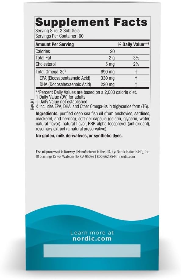 Nordic Naturals Omega-3, Lemon Flavor - 120 Soft Gels - 690 mg Omega-3 - Fish Oil - EPA & DHA - Immune Support, Brain & Heart Health, Optimal Wellness - Non-GMO - 60 Servings