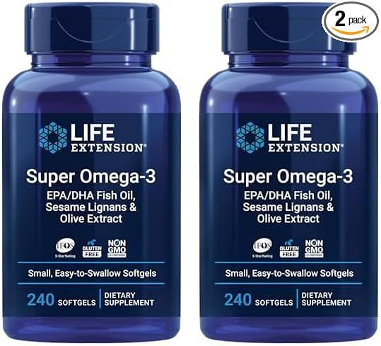 Life Extension Super Omega-3 EPA/DHA Fish Oil, Sesame Lignans & Olive Extract - Omega 3 Supplement - for Heart Health and Brain Support - Gluten Free, Non-GMO - 240 Easy-to-Swallow Softgels