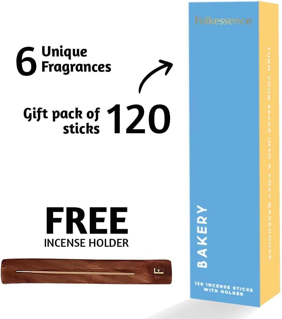 Folkulture Incense Sticks with Holder for Gift | Set of 6 (120) Non Toxic Fall Incense Sticks with 45 Mins Burn Time | Bakery Themed Organic Fall Scents- Vanilla Caramel, Strawberry, Cinnamon Insense