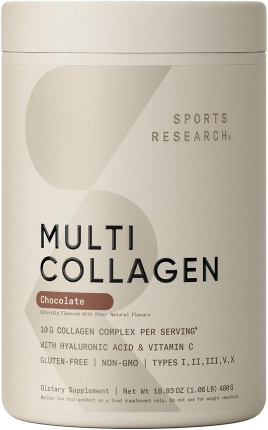 Sports Research Multi Collagen Protein Powder (Type I, II, III, V, X) with Hyaluronic Acid + Vitamin C | 5 Types of Food Based Collagen, 30 Servings (Chocolate)
