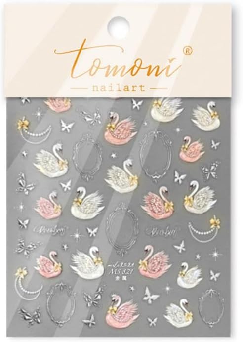 1 Sheet Swan Nail Stickers 5D Embossed Pink Animal Print Nail Art Stickers Self-Adhesive Yellow Bow Nail Decals Silver Butterfly Nail Designs Pearl Frame Nail Art Decoration for Women Manicure