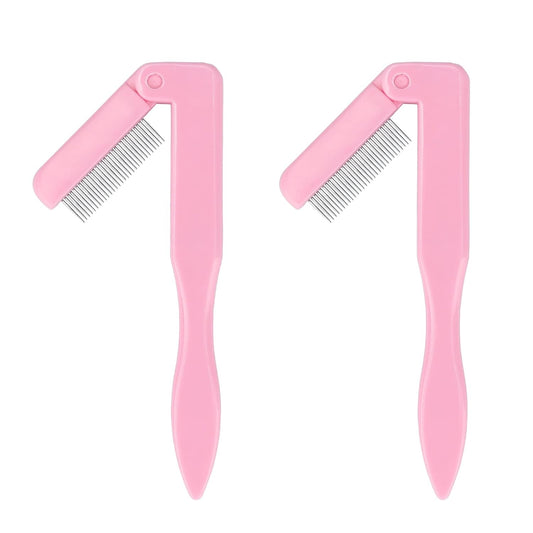 G2PLUS 2PCS Folding Eyelash Comb, Eyelash Separator Tool, Pink Eyebrow Comb Metal Teeth, Eyelash Brush Tool for Lash & Brow