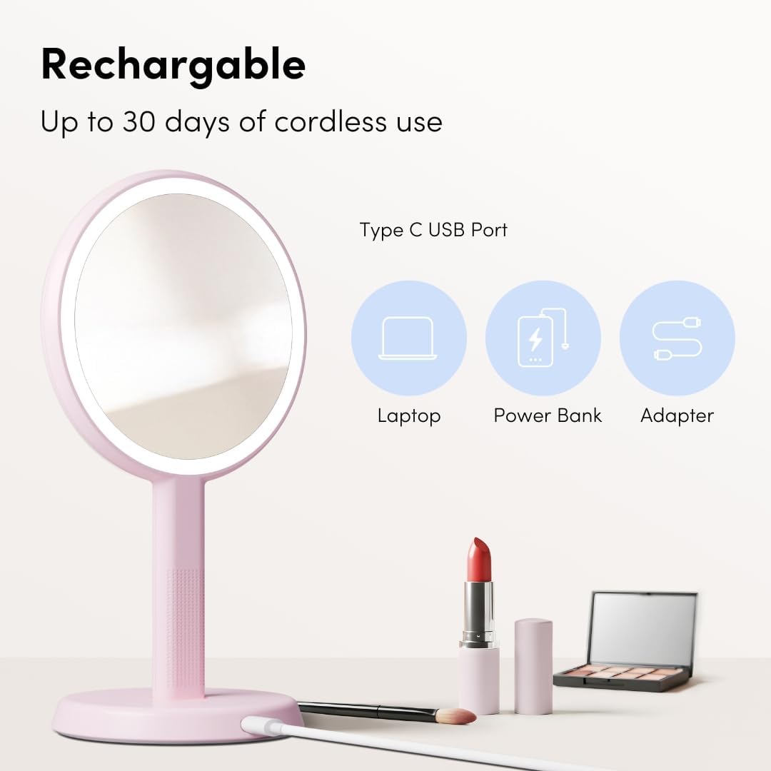 Fancii Cami Handheld Travel Makeup Mirror with Lights, Rechargeable, Extra Large, Double Sided 5X / 1X Magnifying Mirror - 3 Color Lighting, Handheld or Vanity (Strawberry Cream)