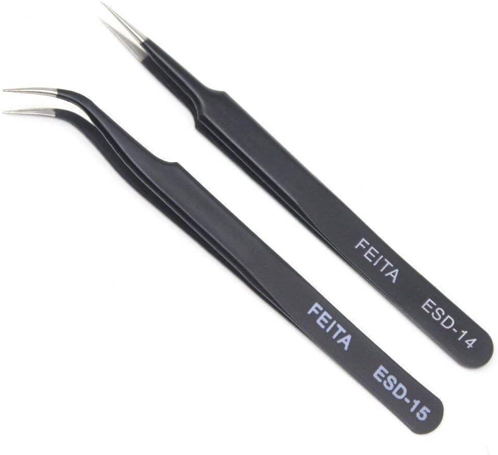 Eyelash Tweezers - FEITA Precision Eyelash Extension Tweezers Set - Professional Straight & Curved Pointed Very Fine Tip Tweezers for Lash Extensions - Black - 2Pcs