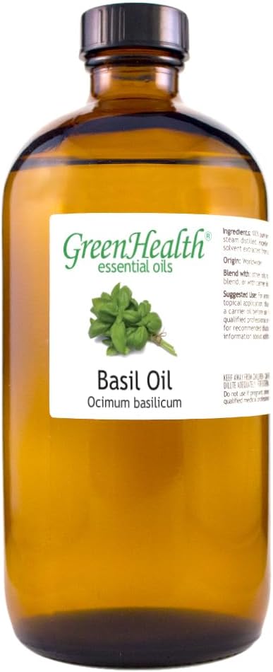 Basil Essential Oil – 16 fl oz (473 ml) Amber Glass Bottle – 100% Pure, Undiluted, Therapeutic Grade – Fresh, Herbaceous Aroma – GreenHealth