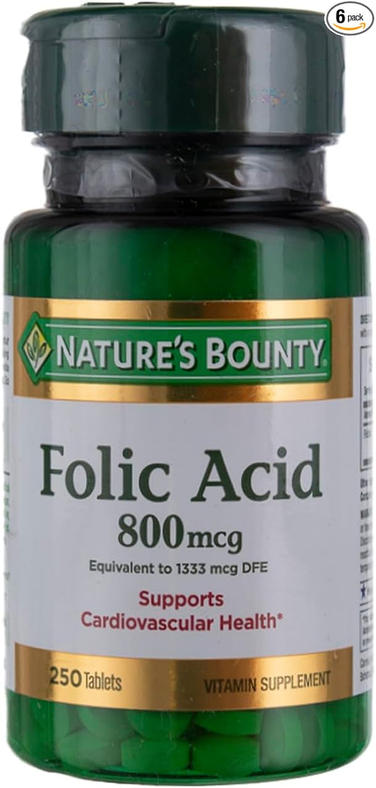 Nature's Bounty Folic Acid 800 mcg Tablets Maximum Strength 250 Count (Pack of 6)