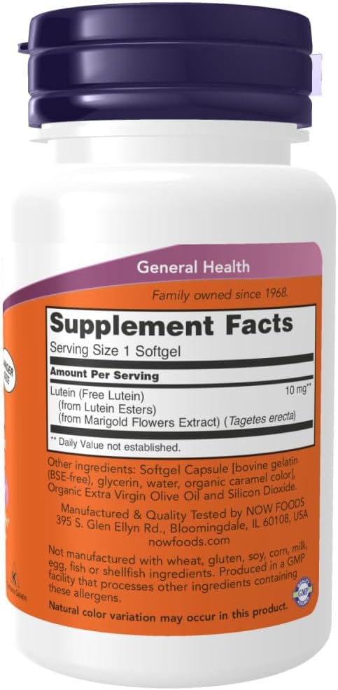 NOW Foods Supplements, Lutein 10 mg with 10 mg of Free Lutein from Lutein Esters, 120 Softgels