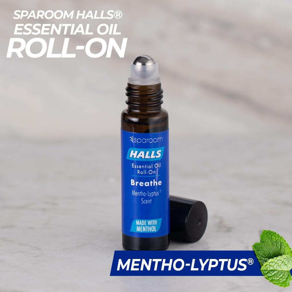Halls Breathe Essential Oil Roll On Mentho-Lyptus – Refreshing Menthol and Eucalyptus Blend for Focus and Breathing Support, On-The-Go Wellness Aroma, 10mL Non-Greasy Skin Formula