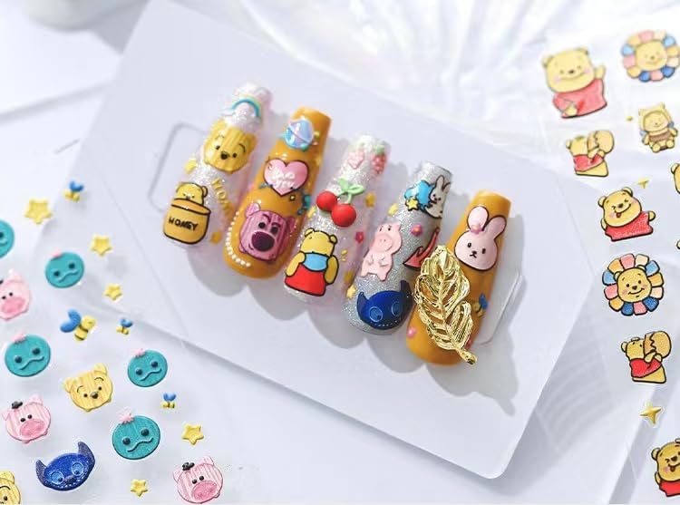 Dedyel Cute Nail Stickers 5D Embossed Cartoon Bear Nail Stickers Kawaii Animal Self-Adhesive Nail Decals for Women Girls Kids Nail Art Decoration