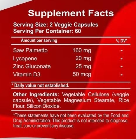 Saw Palmetto for Men, Lycopene, Zinc, Vitamin D3. Prostate Supplements for Men, Bladder Control. Saw Palmetto Supplement for Men. Prostate Support with Lycopene