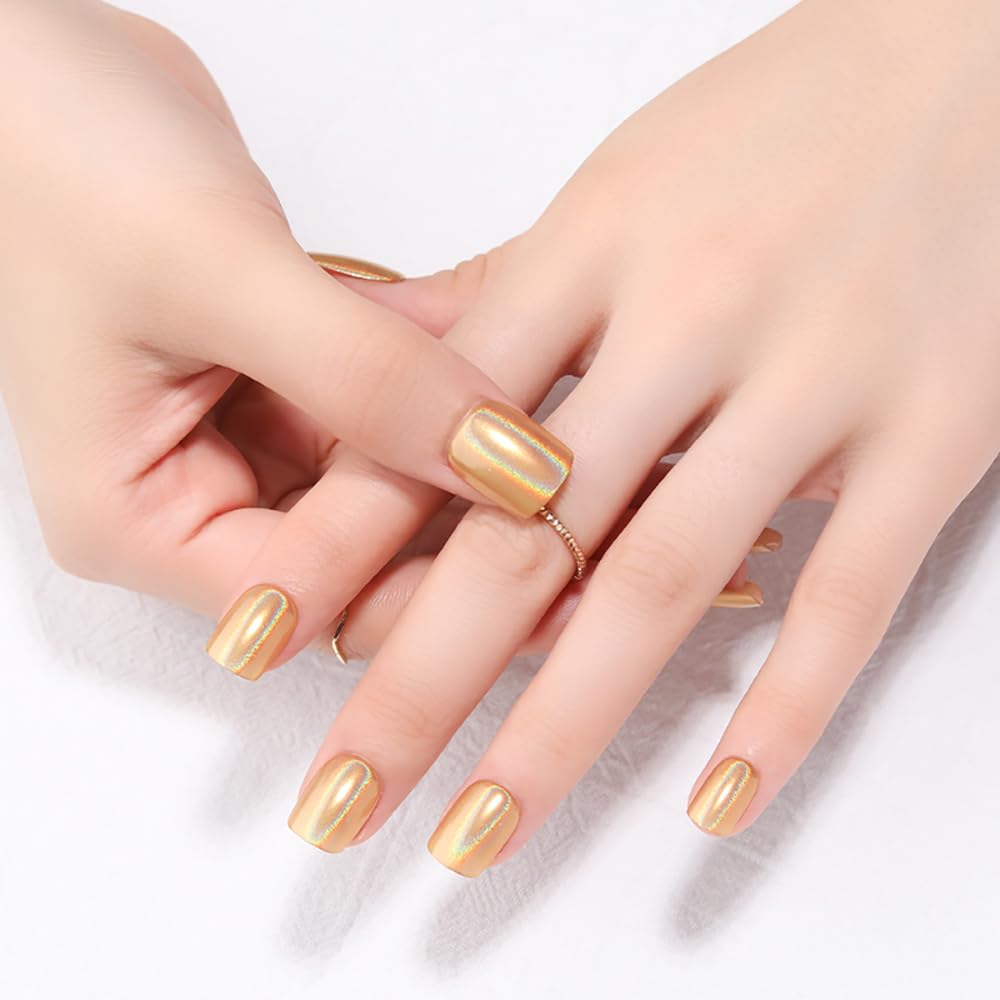 Gold Holographic Press On Nails, Short Chrome Glue On Nails for Women, Metallic Golden Fake Nails with Iridescent Glow, Press On Nails Short Square Shape, Color-Shifting Aurora Effect, 24 Pcs