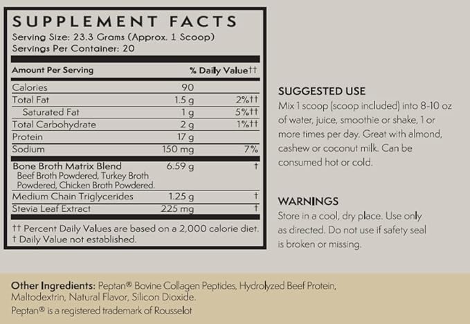 TERRA ORIGIN Collagen Protein Bone Broth Powder, Natural Collagen from Real Whole Food Sources with 17g Protein, for Hair, Skin, Nail and Joint Support, 20 Servings, Vanilla