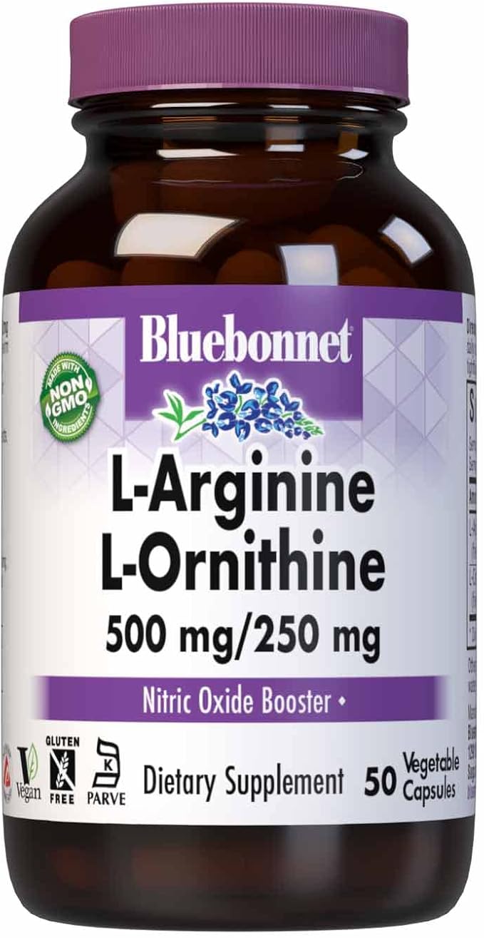 Bluebonnet Nutrition L-Arginine 500mg/L-Orinithine 250mg, Supports Protein Metabolism*, Soy-Free, Gluten-Free, Non-GMO, Kosher Certified, Vegan, 50 Vegetable Capsules, 50 Servings